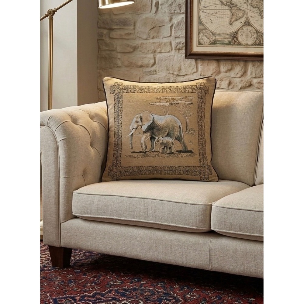 Vintage Elephant Safari Woven Tapestry Pillow Cover Tan Black 18x18
